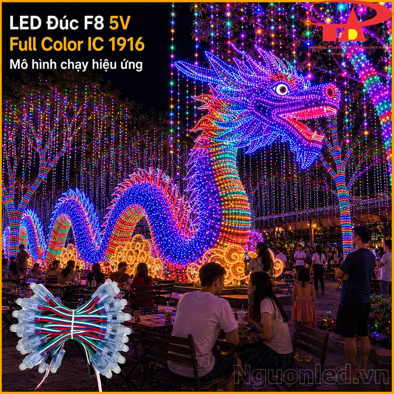 LED đúc F8 Full Color IC 1916 làm mô hình rồng nhiều màu trong khu tiểu cảnh ngoài trời