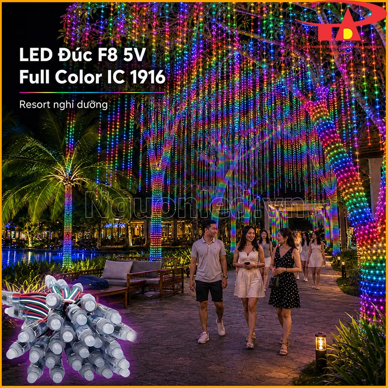 LED đúc F8 5V Full Color IC 1916 quấn cây, thả rủ và trang trí lối dạo trong resort