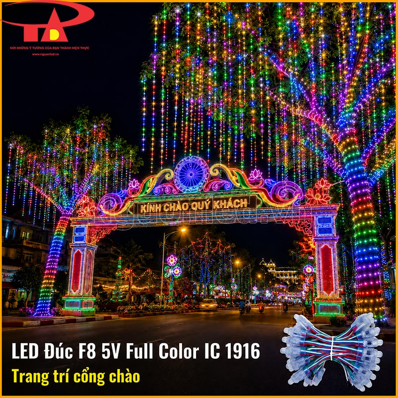 Đèn LED đúc F8 5V Full Color IC 1916 trang trí cổng chào và hàng cây hai bên đường