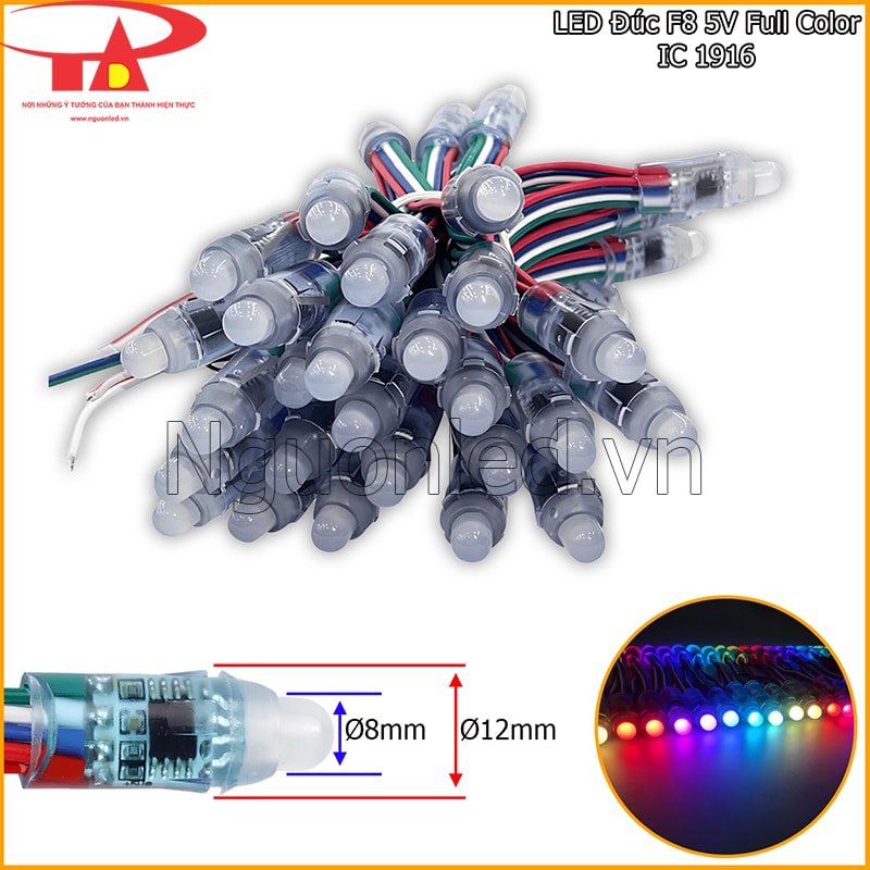 LED đúc F8 5V Full Color IC 1916 đầu 8mm, đế 12mm và thân bóng trong suốt