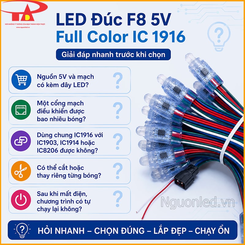 LED đúc F8 5V Full Color IC 1916 với câu hỏi thường gặp về mạch, nguồn, IC và thay bóng