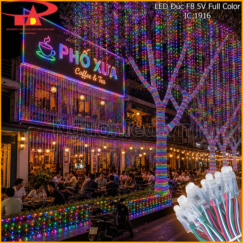 LED đúc F8 Full Color IC 1916 trang trí bảng hiệu Phố Xưa, hàng cây và rèm sáng ngoài trời