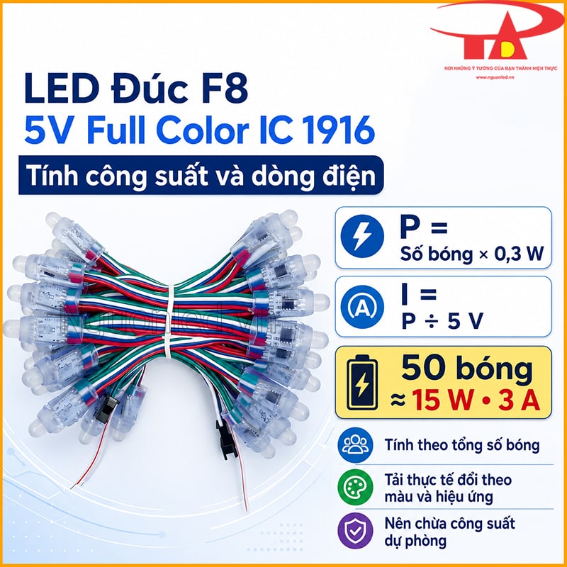 LED đúc F8 5V Full Color IC 1916 minh họa cách tính số dây 50 bóng dài khoảng 4m