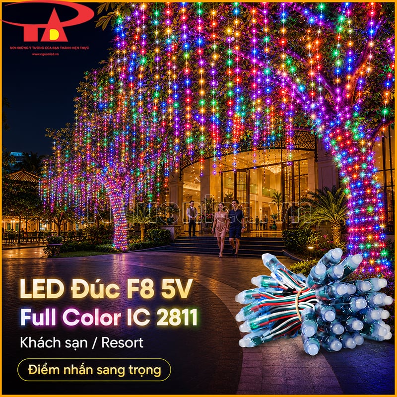 LED Full Color F8 2811 quấn cây và thả rủ tại khách sạn, resort ngoài trời