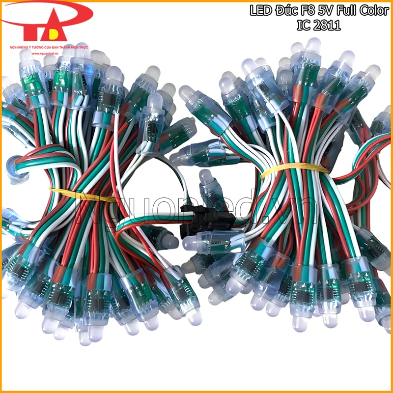 LED đúc F8 5V Full Color IC 2811 chưa sáng dạng bó với dây đỏ, xanh lá và trắng
