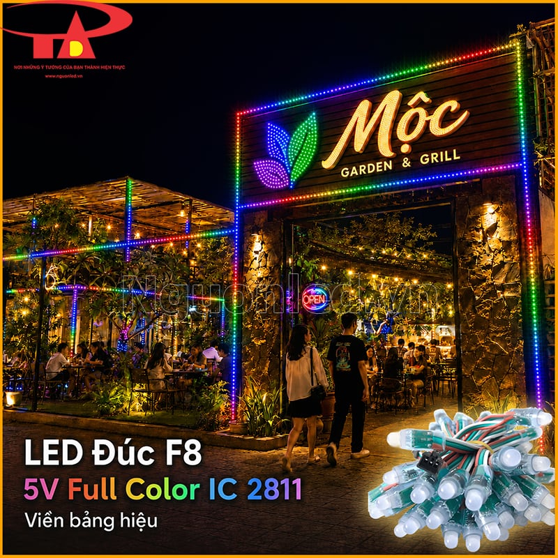 LED đúc F8 IC 2811 đi viền bảng hiệu Mộc Garden & Grill nhiều màu