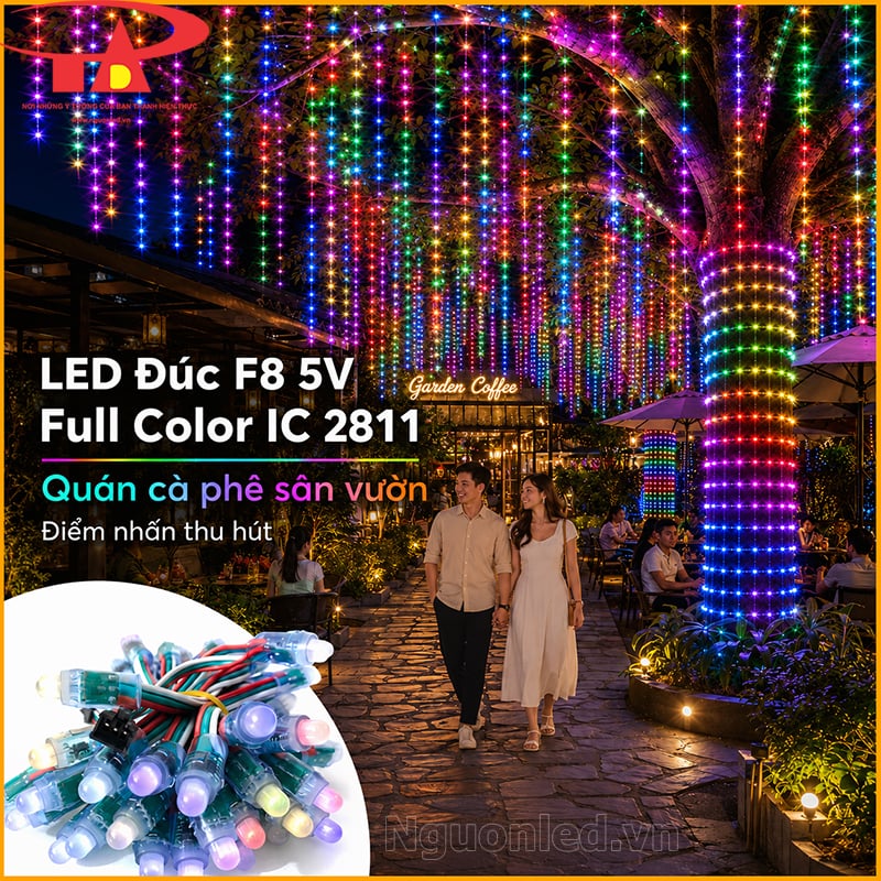 LED F8 Full màu IC 2811 quấn cây và thả rèm sáng trong quán cà phê sân vườn