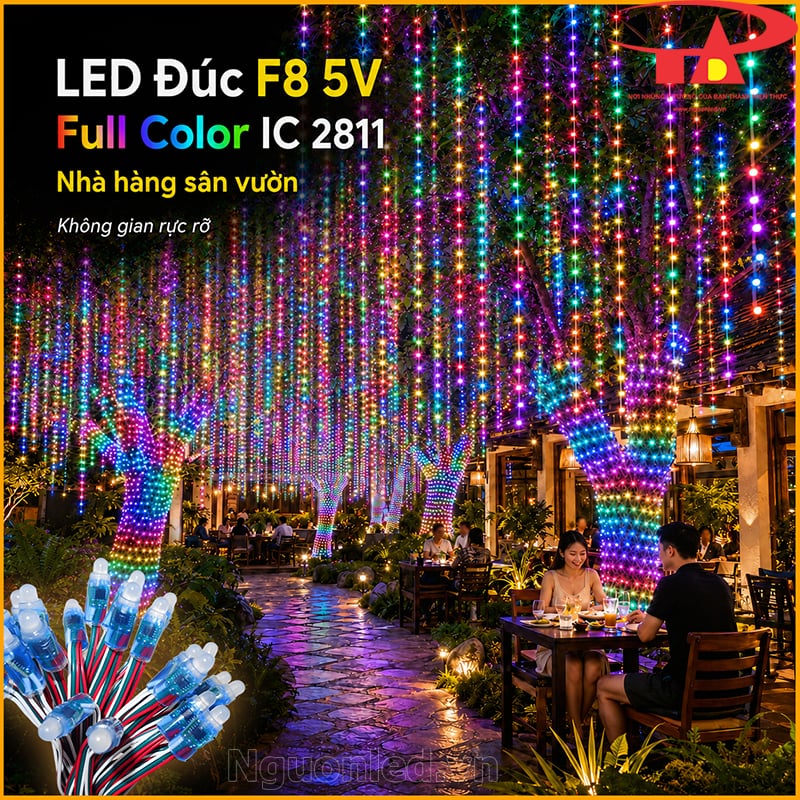 LED đúc F8 5V Full Color IC 2811 trang trí nhà hàng sân vườn với hàng cây nhiều màu 