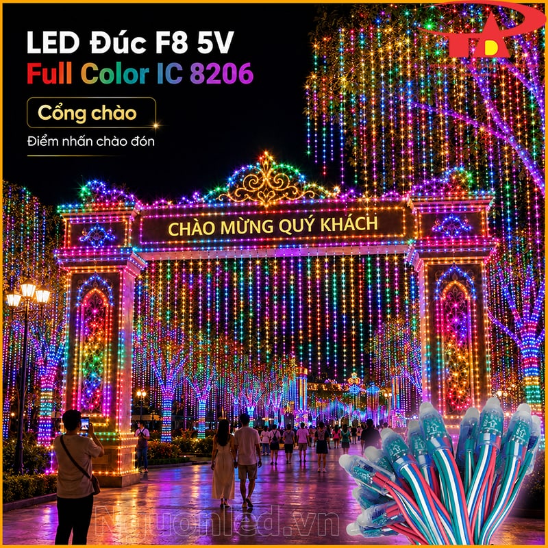 LED đúc F8 5V Full Color IC 8206 trang trí cổng chào nhiều màu ngoài trời