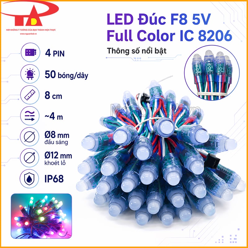 LED đúc F8 5V Full Color IC 8206 với bảng thông số 5V, 0,3W, 50 bóng và IP68 
