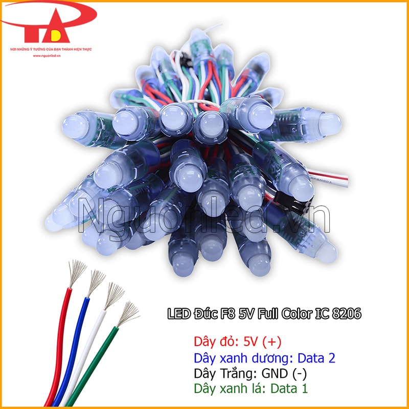 LED đúc F8 5V Full Color IC 8206 với dây đỏ, trắng, xanh lá và xanh dương