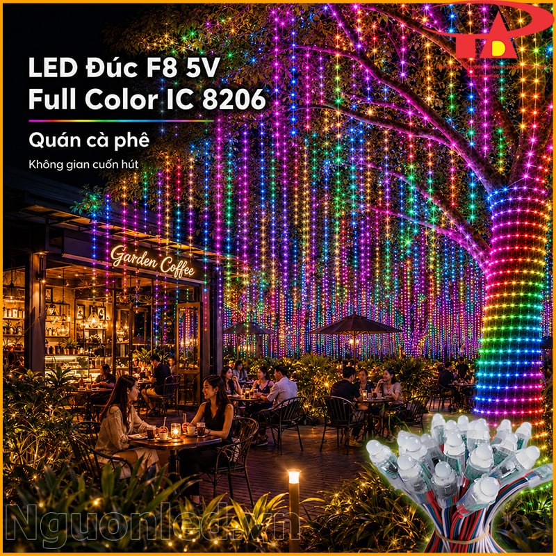 LED đúc F8 8206 quấn cây quán cà phê với rèm sáng nhiều màu thả từ tán cây