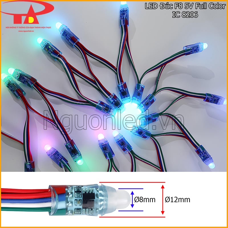 LED đúc F8 5V Full Color IC 8206 đầu 8mm, đế 12mm và thân bóng trong suốt