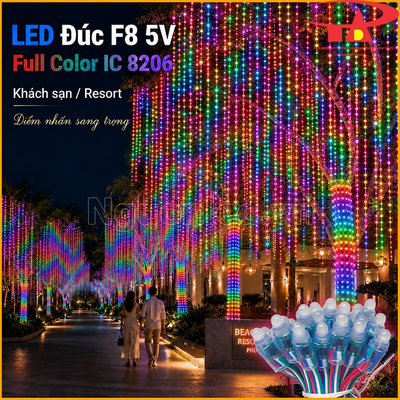 LED đúc F8 8206 quấn cây quán cà phê với rèm sáng nhiều màu thả từ tán cây