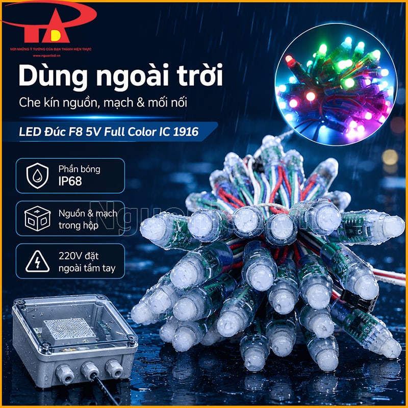 LED đúc F8 5V Full Color IC 8206 dùng ngoài trời với hộp kỹ thuật bảo vệ nguồn và mối nối