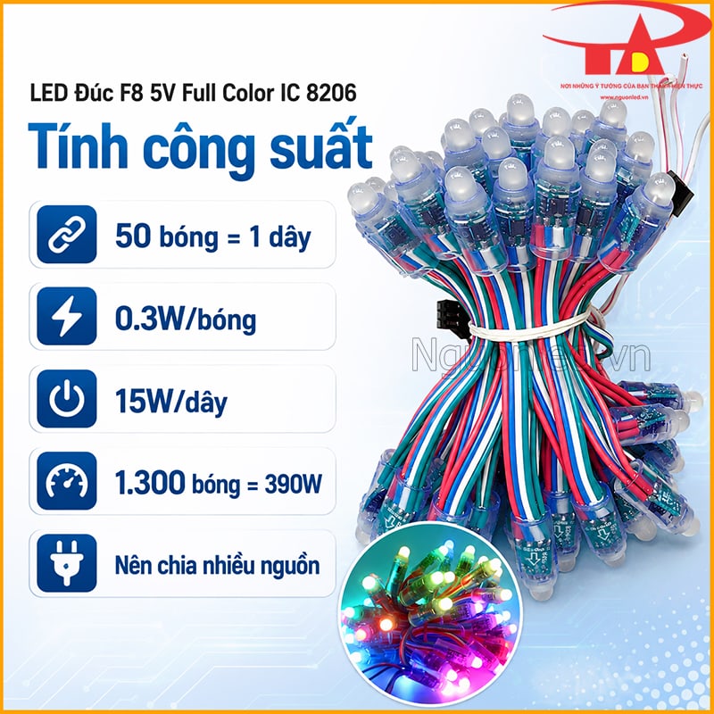 LED đúc F8 5V Full Color IC 8206 minh họa tính công suất 1.300 bóng bằng 390W