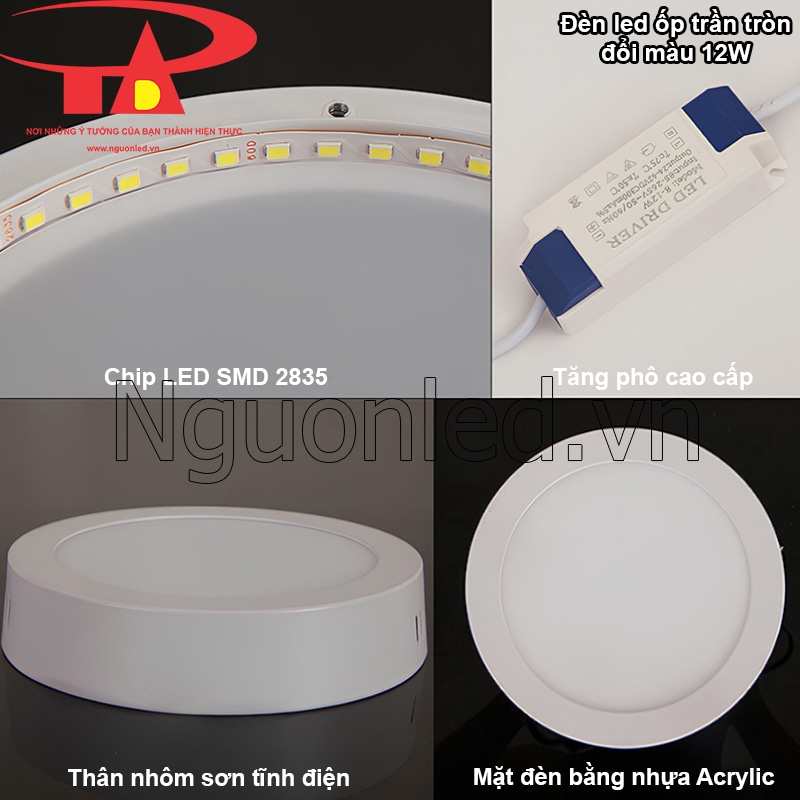 Đèn LED 12W với chất liệu nhôm sơn tĩnh điện và nhựa acrylic cao cấp, bền bỉ theo thời gian