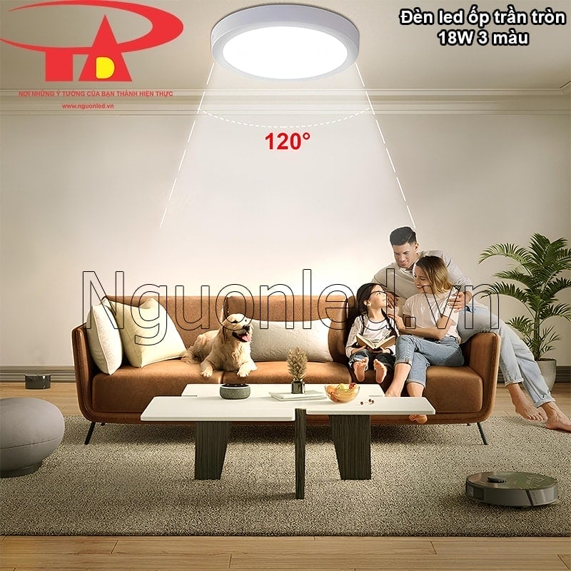 Góc chiếu rộng 120° của đèn ốp trần 3 chế độ 18W đảm bảo ánh sáng phân bổ đều