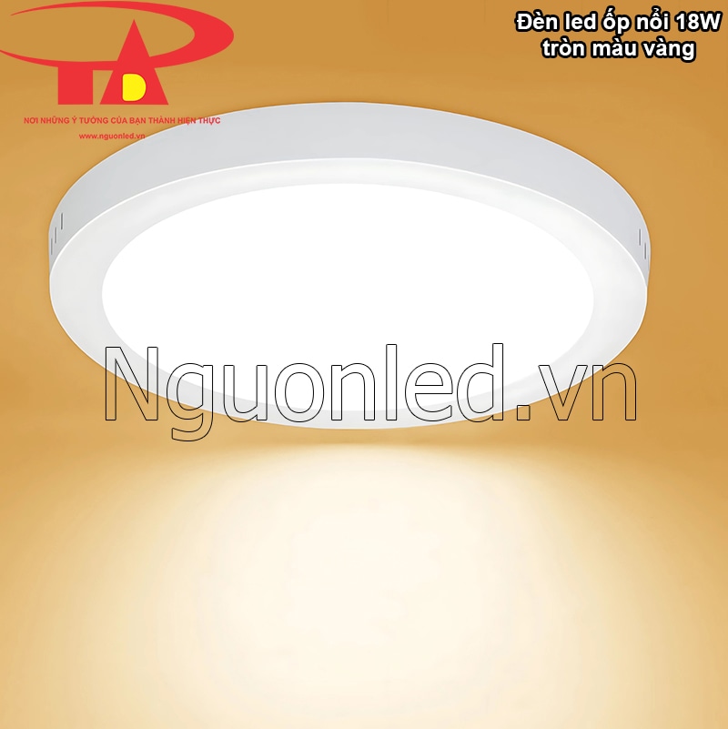 Cận cảnh đèn LED ốp nổi 18W tròn màu vàng với ánh sáng ấm 3000K