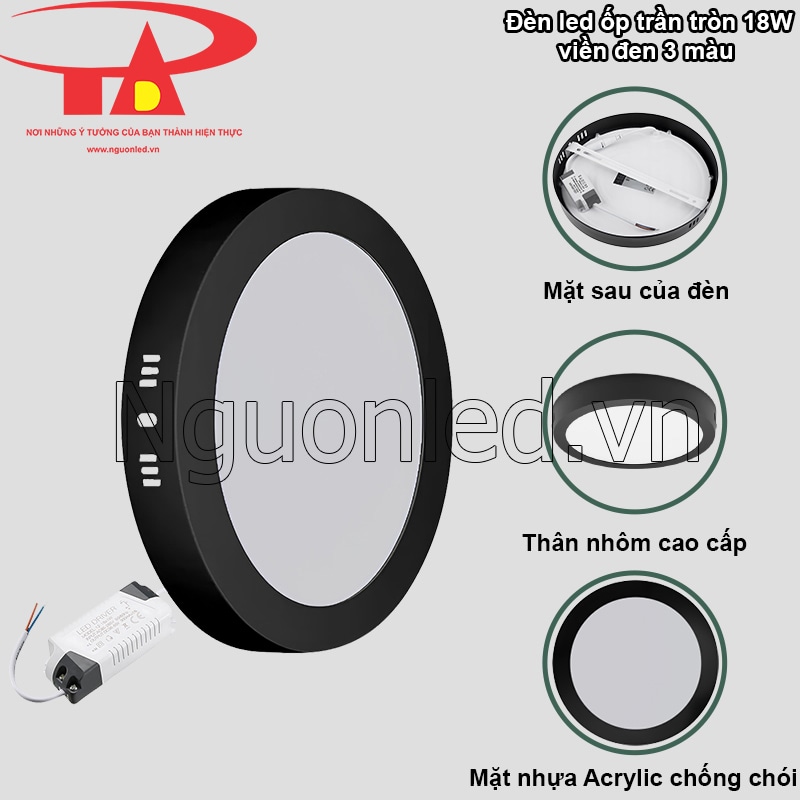 Mặt đèn Acrylic, thân nhôm đèn ốp trần led nổi viền đen 18W hỗ trợ tản nhiệt và tuyền sáng hiệu quả