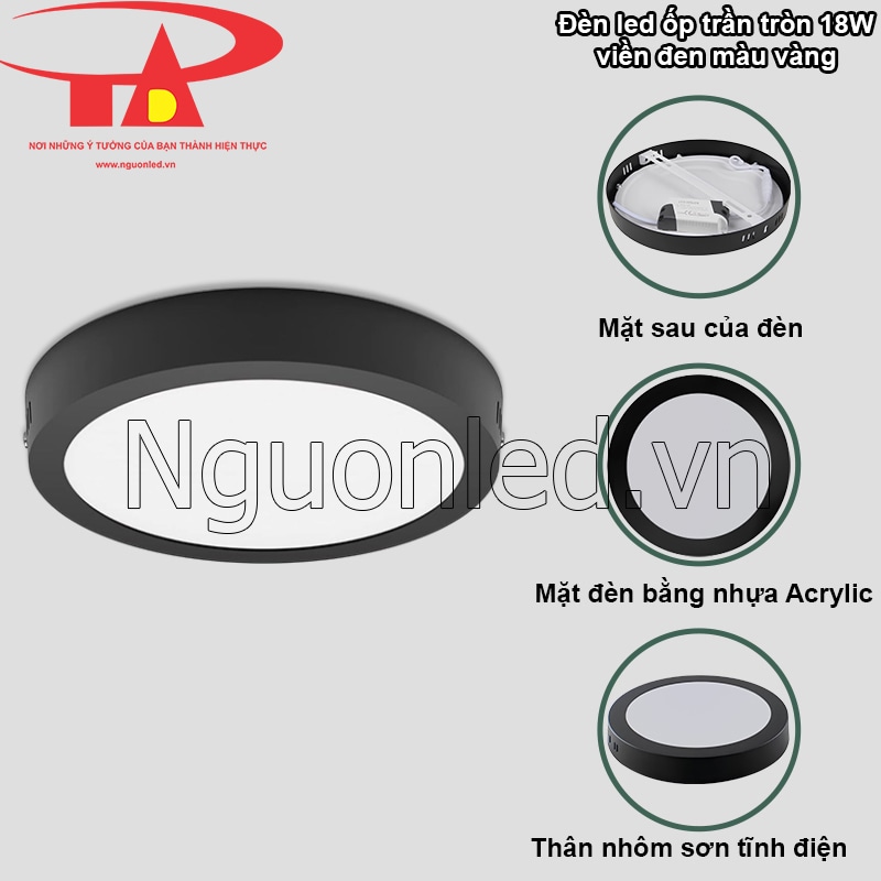 Đèn LED ốp trần 18W với thân hợp kim nhôm và mặt Acrylic cao cấp, viền đen tinh tế