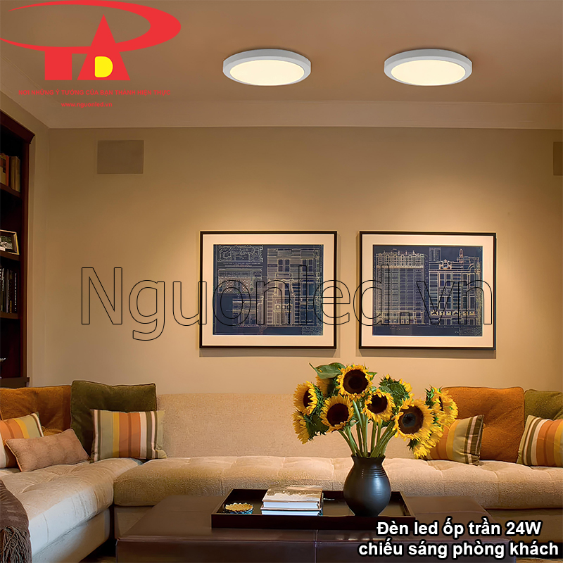 Trang trí phòng khách với đèn led ốp trần 24w ánh sáng vàng ấm