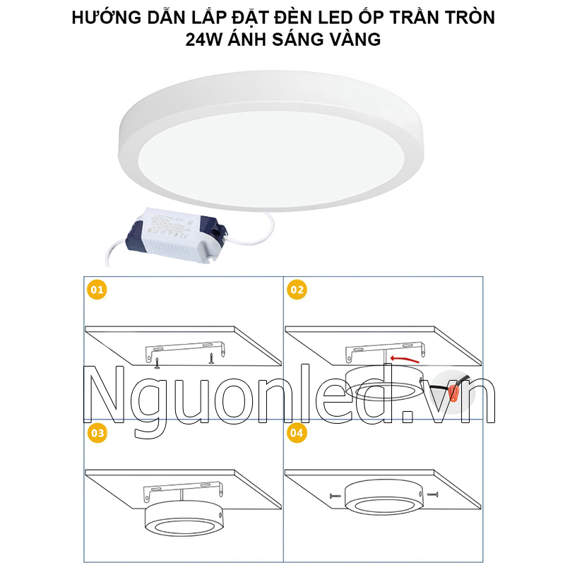 Hướng dẫn lắp đặt đèn led ốp trần 24w tròn màu vàng