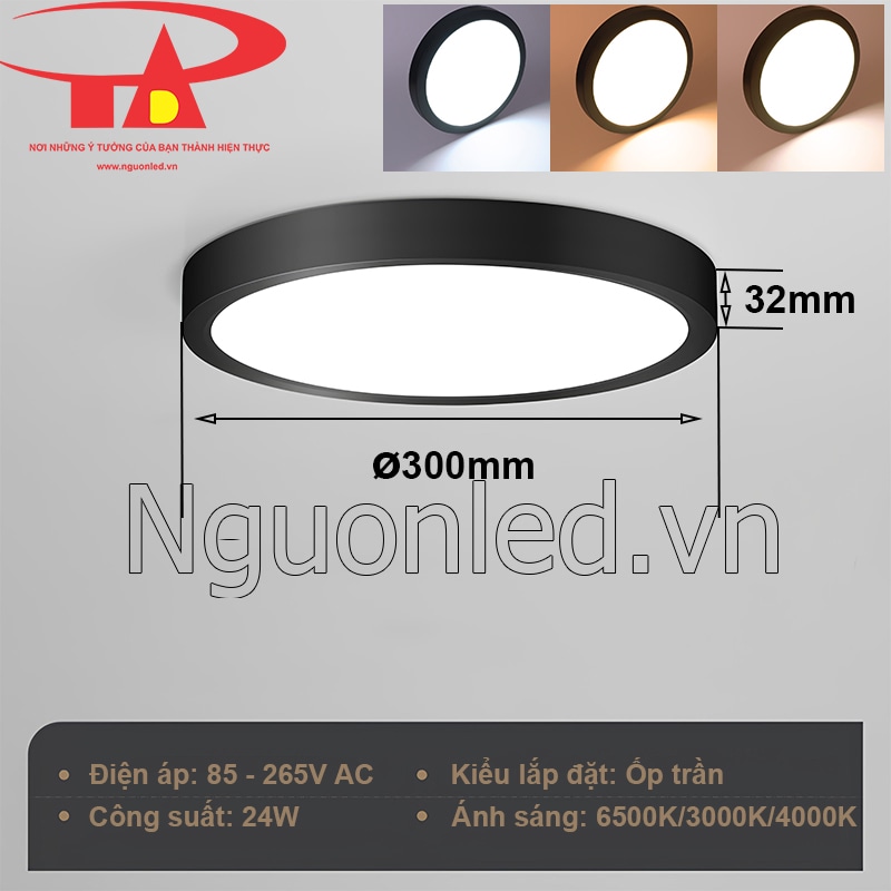 Đèn led ốp nổi 24W tròn viền đen dễ dàng lắp đặt trên trần thạch cao