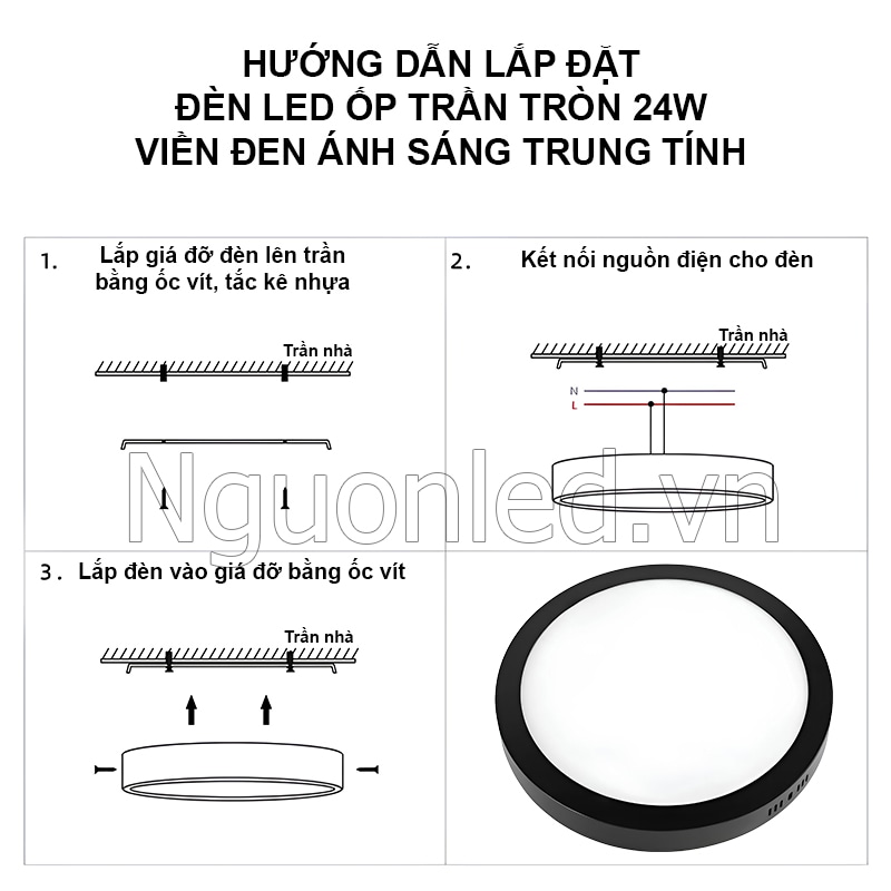 Dễ dàng lắp đặt đèn ốp nổi 24W viền đen trực tiếp lên trần nhà với vài bước đơn giản