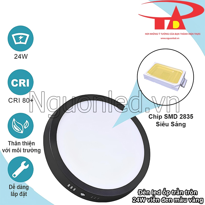 Chip LED SMD 2835 chất lượng bên trong đèn led ốp nổi tròn 24W viền đen đáng tin cậy