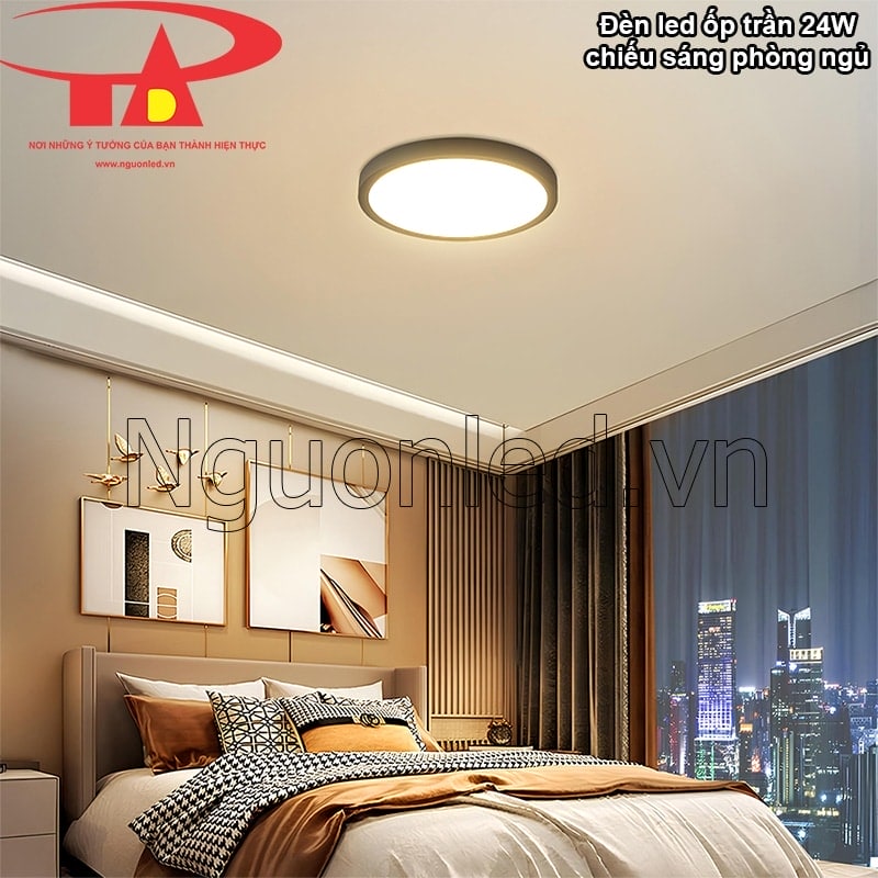 Không gian nghỉ ngơi thư thái với ánh sáng vàng dịu từ đèn ốp trần phòng ngủ 24W