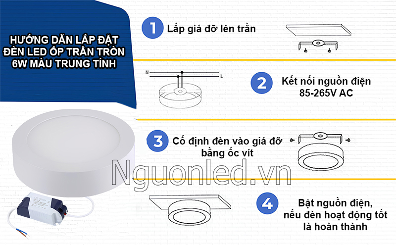Hướng dẫn lắp đặt đèn led ốp trần 6W tròn ánh sáng 4000K