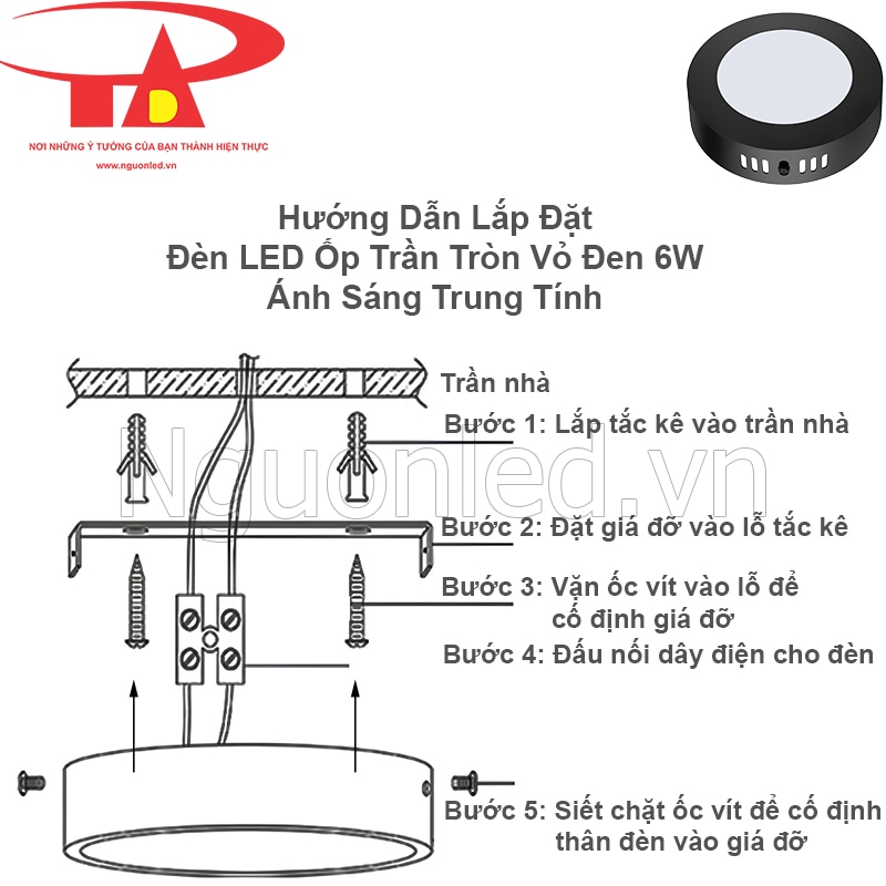 Cách lắp đặt đèn led ốp trần tròn viền đen 6W