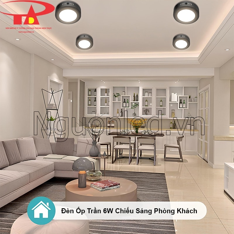 Phòng khách bừng sáng năng lượng với đèn LED ốp trần tròn ánh sáng trung tính