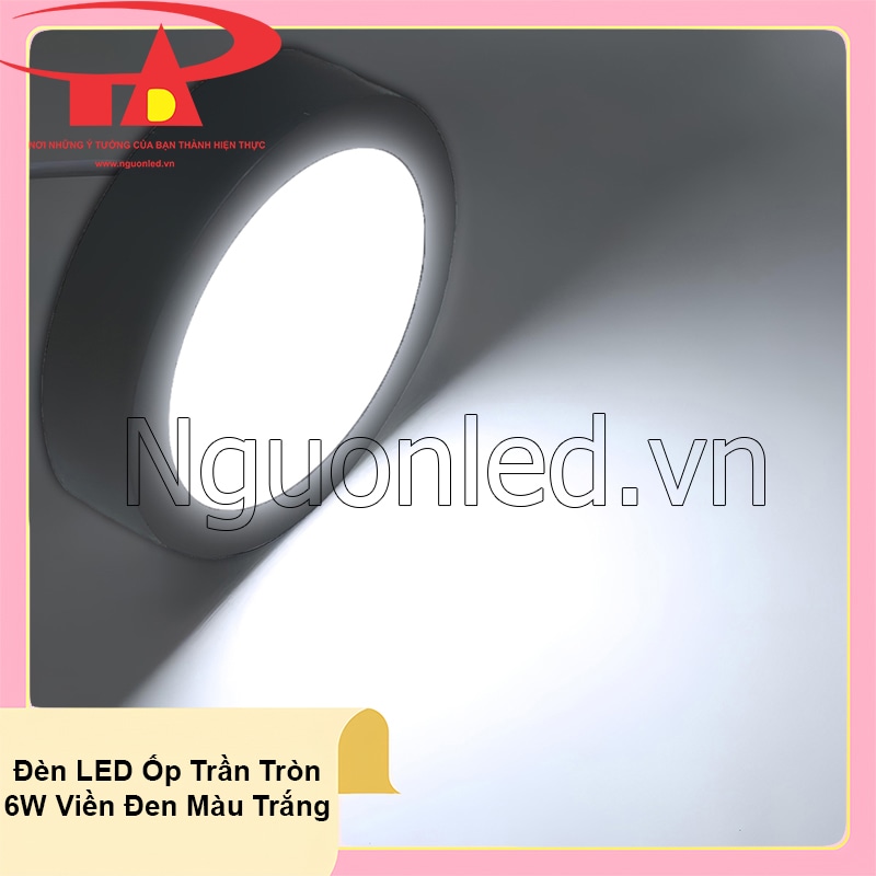 Ánh sáng trắng 6500K từ đèn LED ốp trần tròn 6W viền đen tạo không gian hiện đại