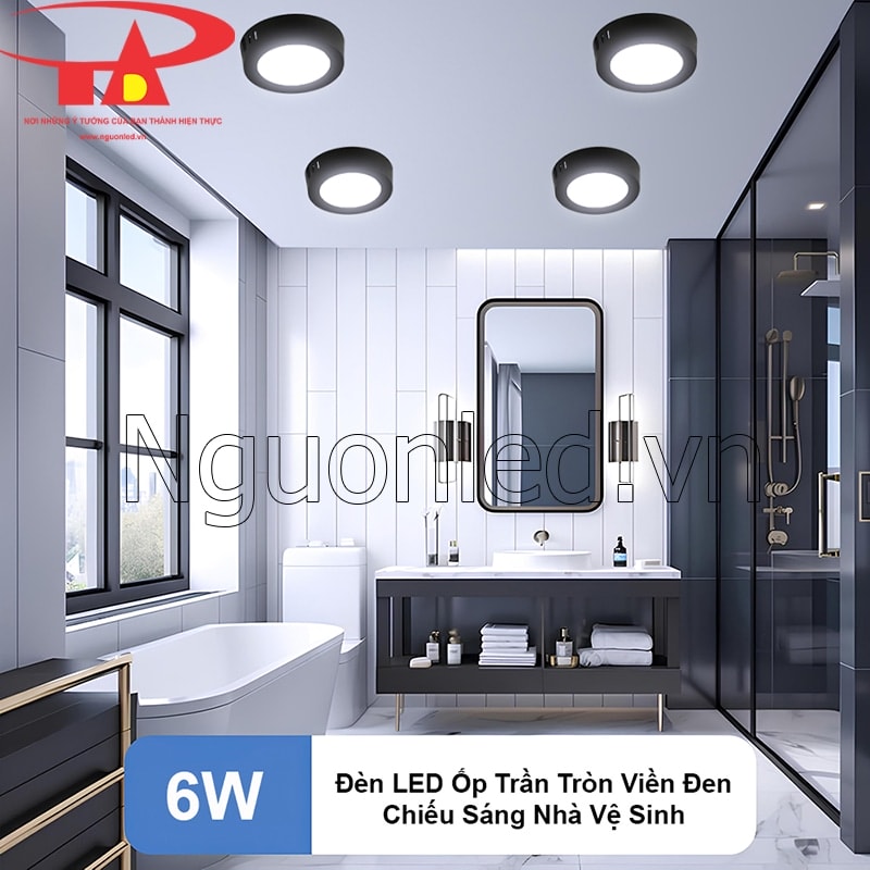 Khu vực khô ráo nhà vệ sinh sáng sủa với đèn ốp trần nổi 6W vỏ đen