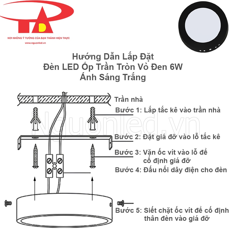 Lắp đặt đèn LED ốp nổi 6W viền đen An Đức Phát dễ dàng, thiết kế tinh tế