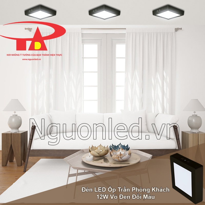 Đèn LED ốp trần vuông 12W vỏ đen 3 màu tạo không khí linh hoạt cho phòng khách