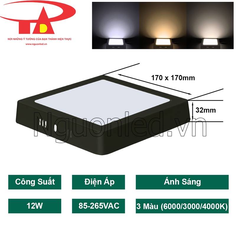 Đèn LED ốp trần vuông 12W vỏ đen với thiết kế tinh giản, sang trọng cho nội thất hiện đại