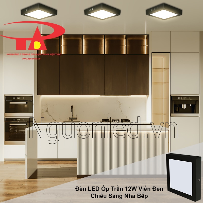 Đèn LED ốp trần 12W vuông vỏ đen chiếu sáng tối ưu, giúp nhà bếp luôn sáng sủa và thoải mái