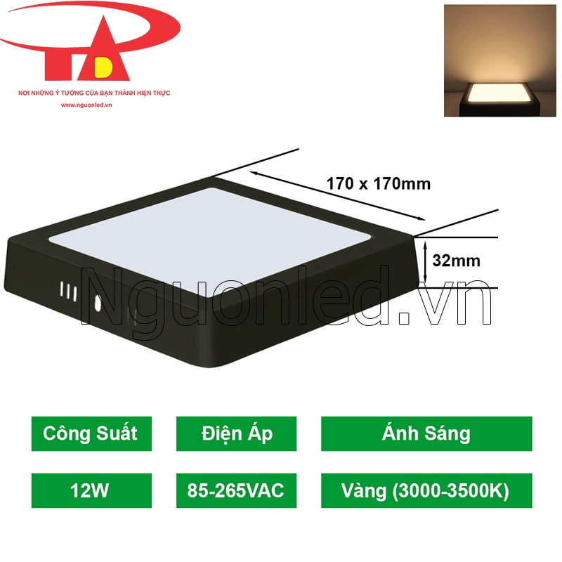 Thiết kế tinh tế đèn LED ốp trần vuông 12W vỏ đen, chất liệu nhôm tản nhiệt hiệu quả