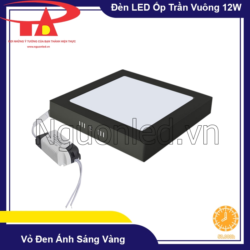 Đèn LED ốp trần 12W vuông vỏ đen với tuổi thọ 50.000 giờ, bền bỉ và vận hành ổn định