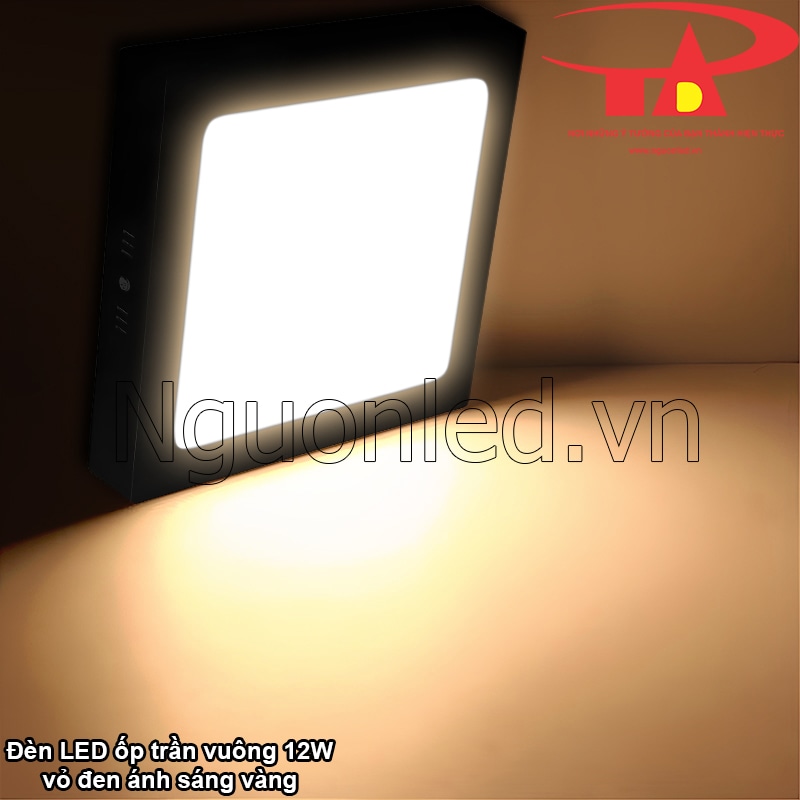 Đèn LED ốp trần vuông 12W vỏ đen hiện đại, ánh sáng vàng ấm áp cho không gian sang trọng