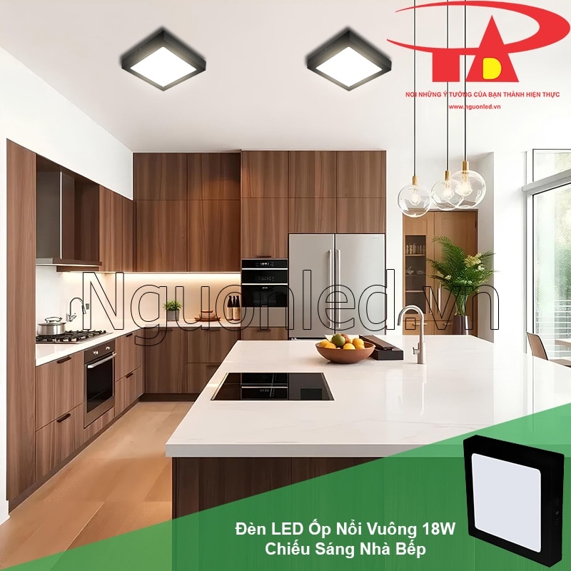 Nhà bếp sáng rõ hơn với ánh sáng trắng lạnh từ đèn led ốp trần vuông vỏ đen