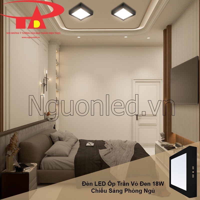 Phòng ngủ dịu nhẹ với ánh sáng vàng ấm của đèn led ốp trần vuông nổi màu đen