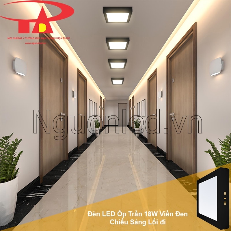 Ốp trần vuông vỏ đen chiếu sáng lối đi gọn gàng, tạo hướng dẫn di chuyển rõ rệt