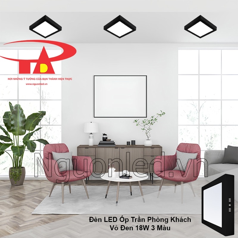 Không gian phòng khách ấm cúng với ánh sáng vàng ấm từ đèn led ốp trần vuông viền đen