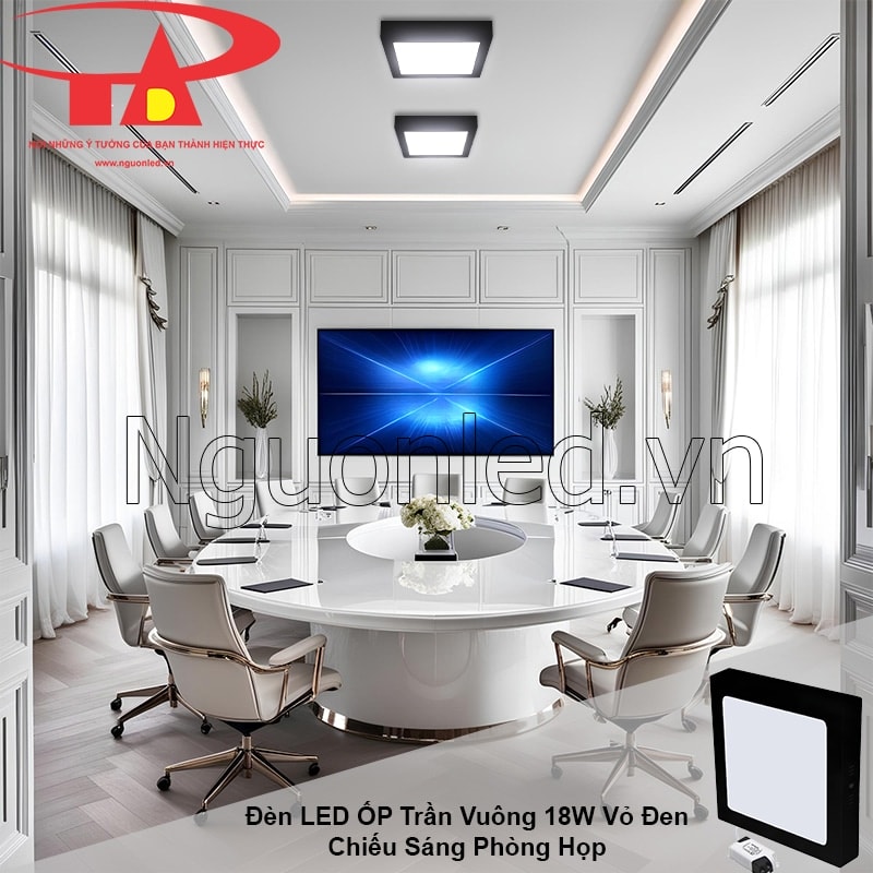 Ánh sáng cân bằng, giảm mỏi mắt cho phòng họp từ đèn led ốp trần vuông vỏ đen