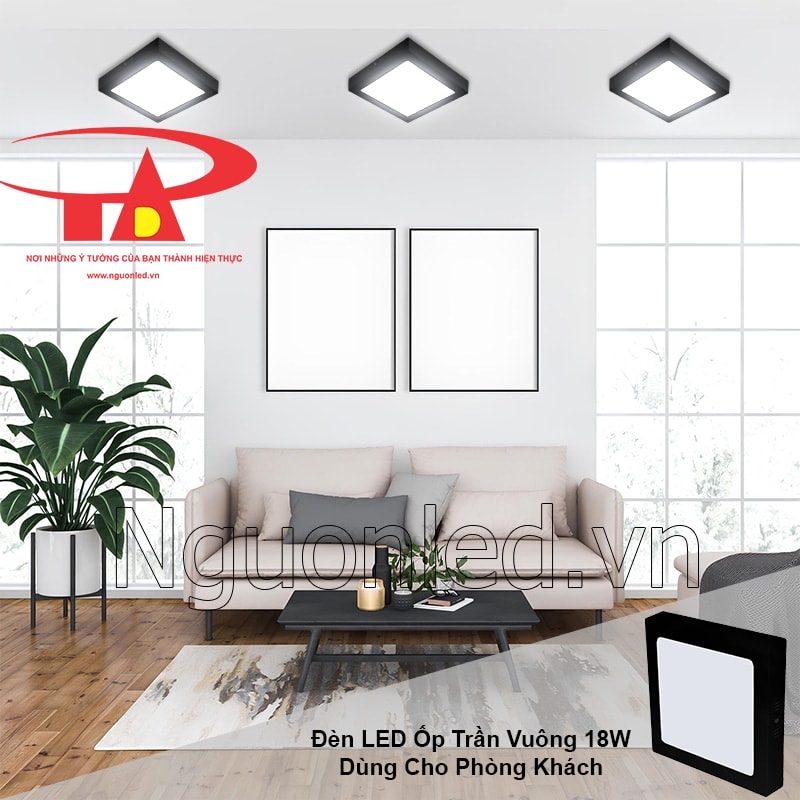 Phòng khách hiện đại dưới ánh sáng trắng trung tính từ đèn led ốp trần vuông 3 chế độ sáng