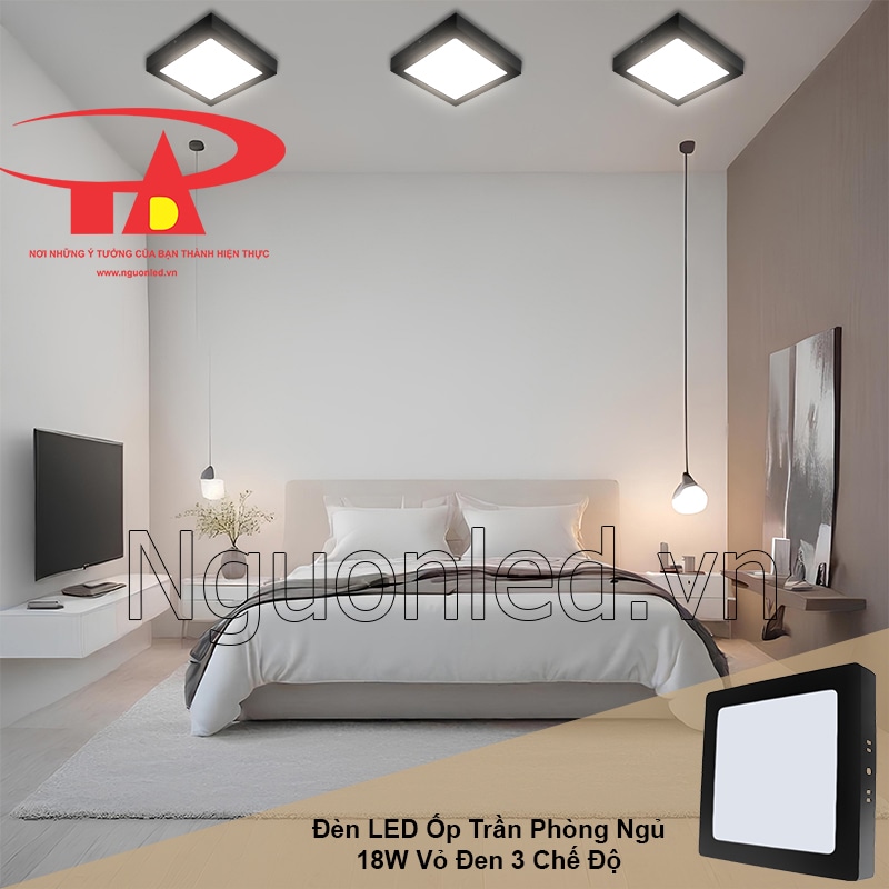 Ánh sáng trung tính từ đèn led ốp trần vuông 18W vỏ đen tạo cảm giác thư giãn cho phòng ngủ